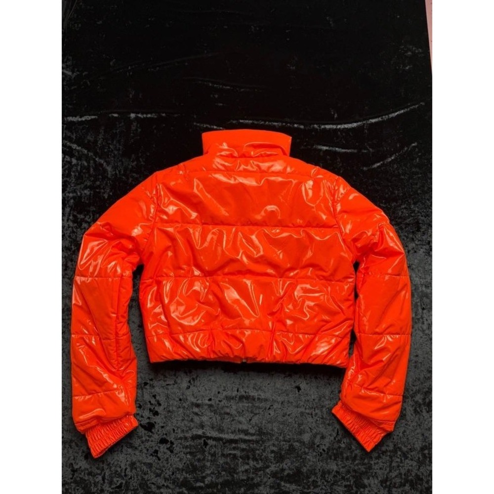 36points Women's M Orange High Shine Cropped Puffer Jacket Wet Look Y2K - Picture 5 of 11